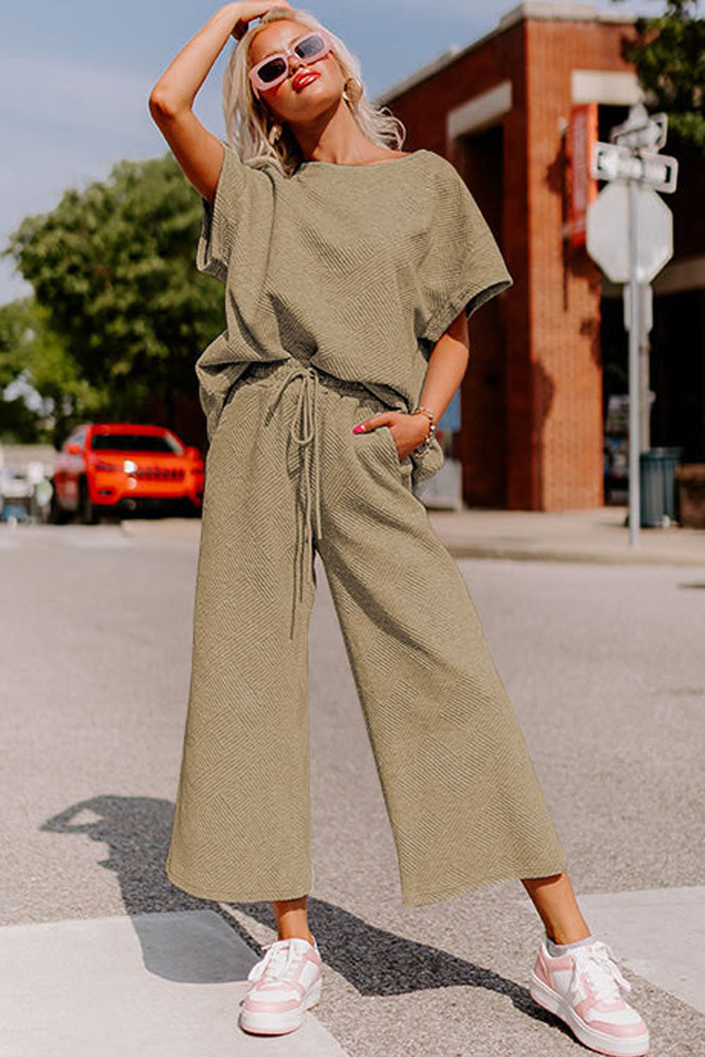 Pale Khaki Textured Loose Fit T Shirt And Drawstring Pants Set | Apricot khaki