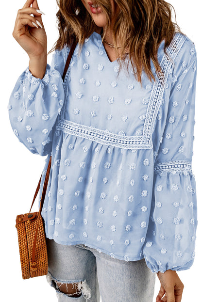 Blue Ruffled Split Neck Lace Hollow Out Puff Sleeve Polka Dot Blouse | Sky Blue