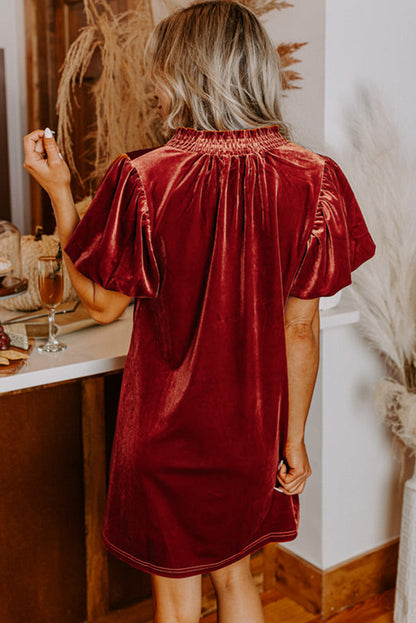 Velvet Smocked Neckline Puff Sleeve Shift Mini Dress | Cinnamon