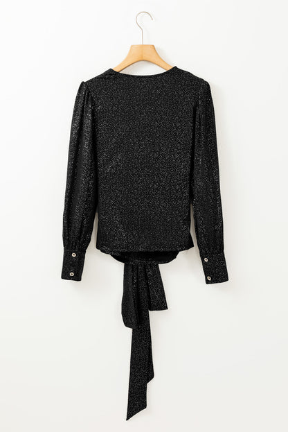 Glitter Wrap V Neck Tie Hem Puff Sleeve Blouse | Black