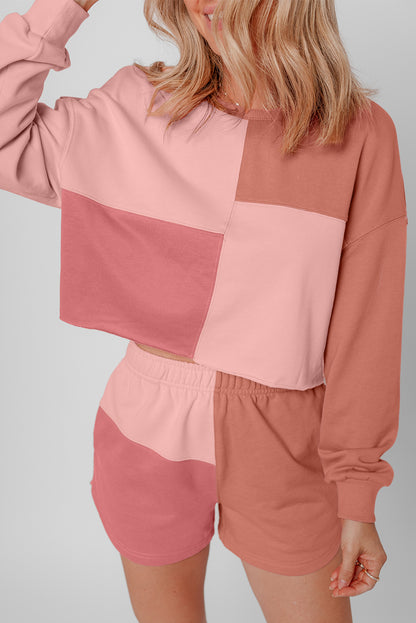 Colourblock Patchwork Long Sleeve Shorts Outfit | Peach Blossom