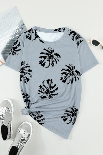 Crew Neck Tropical Plants Print T-Shirt | Gray