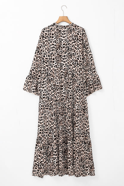 Leopard Print Tiered Wide Sleeve Maxi Dress | Apricot