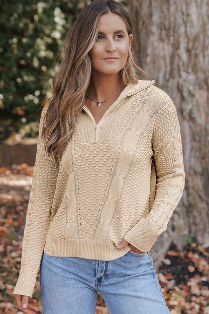 Zipped Stand Collar Cable Knit Sweater | Apricot