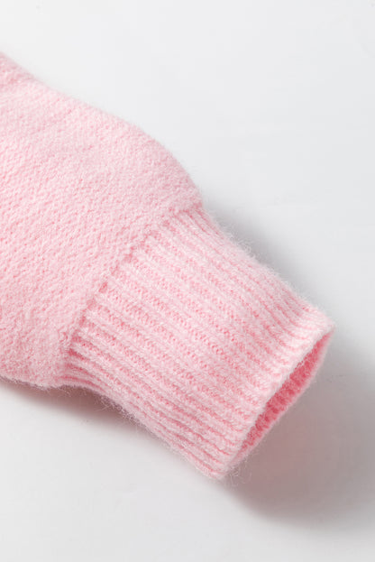 Knitted Flower Pattern Ribbed Edge Sweater | Pink