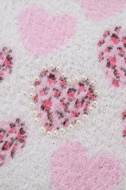 Heart Leopard Print Pearled Ribbed Trim Fuzzy Sweater | Pink