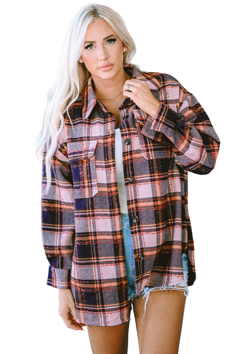 Oversized Flap Pockets Plaid Shacket With Slits | Blue