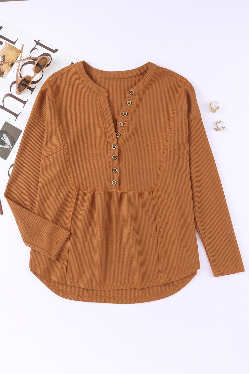 Waffle Knit Half Button Henley Top | Brown