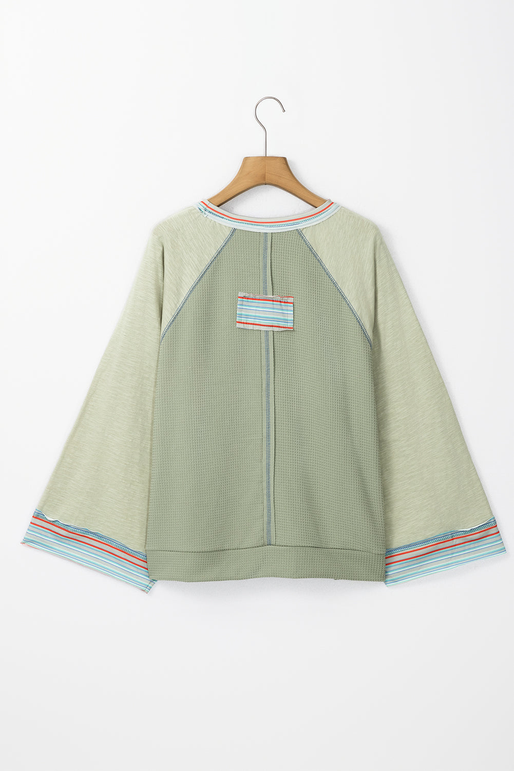 Waffle Knit Wide Bracelet Sleeve Patchwork Raglan Top | Meadow Mist Green