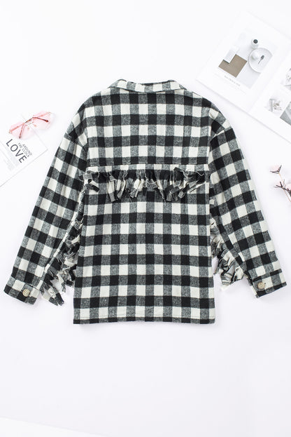 Fringed Plaid Print Shacket | Black