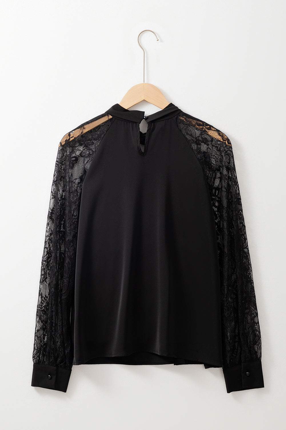 Keyhole Neckline Floral Lace Raglan Sleeve Blouse | Black