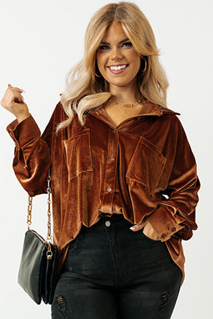 Plus Size Velvet Chest Pocket Drop Shoulder Shirt | Chestnut