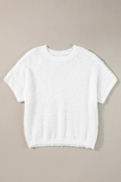 Fuzzy Eyelet Knitted Sweater T-Shirt | White