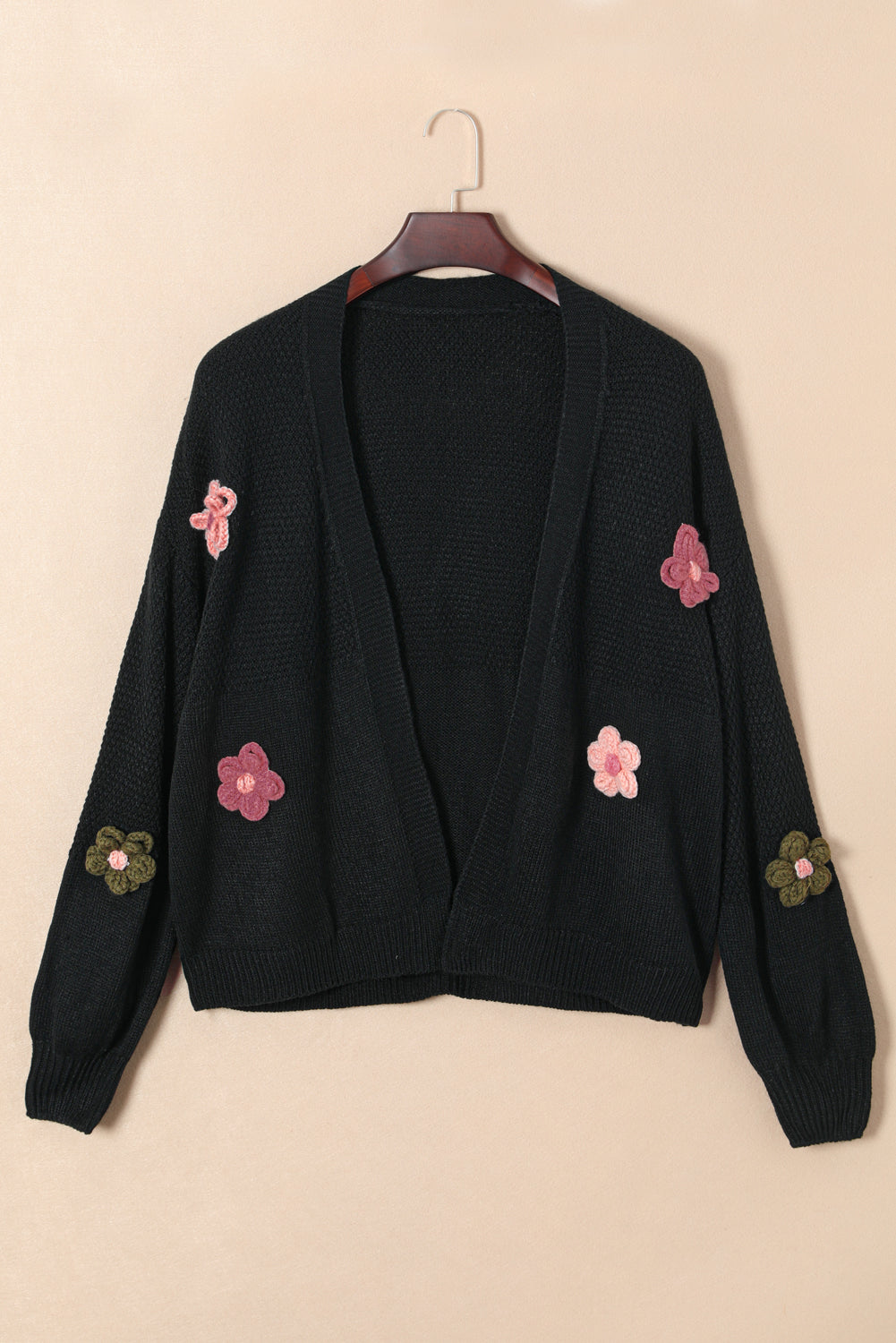 Floral Applique Drop Shoulder Bubble Sleeve Cardigan | Black