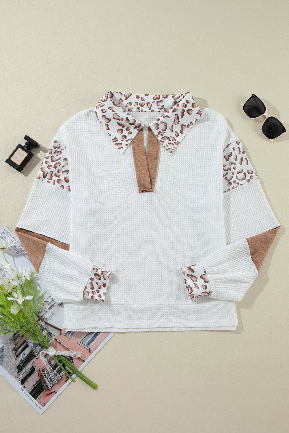 Leopard Patchwork Turn-Down Collar Waffle Top | White