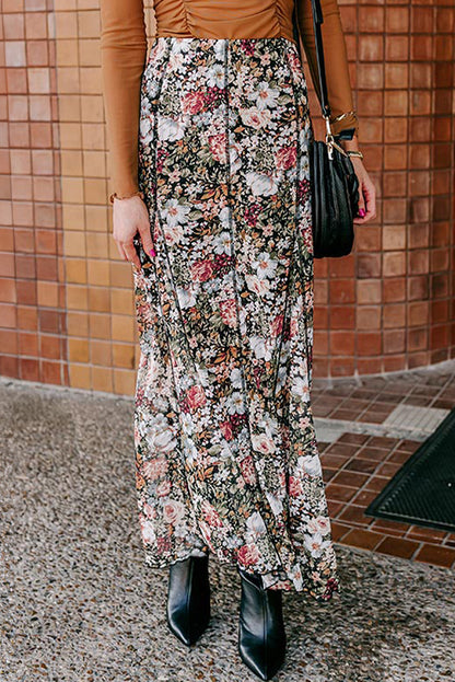 Brown Floral Print High Waist Maxi Skirt