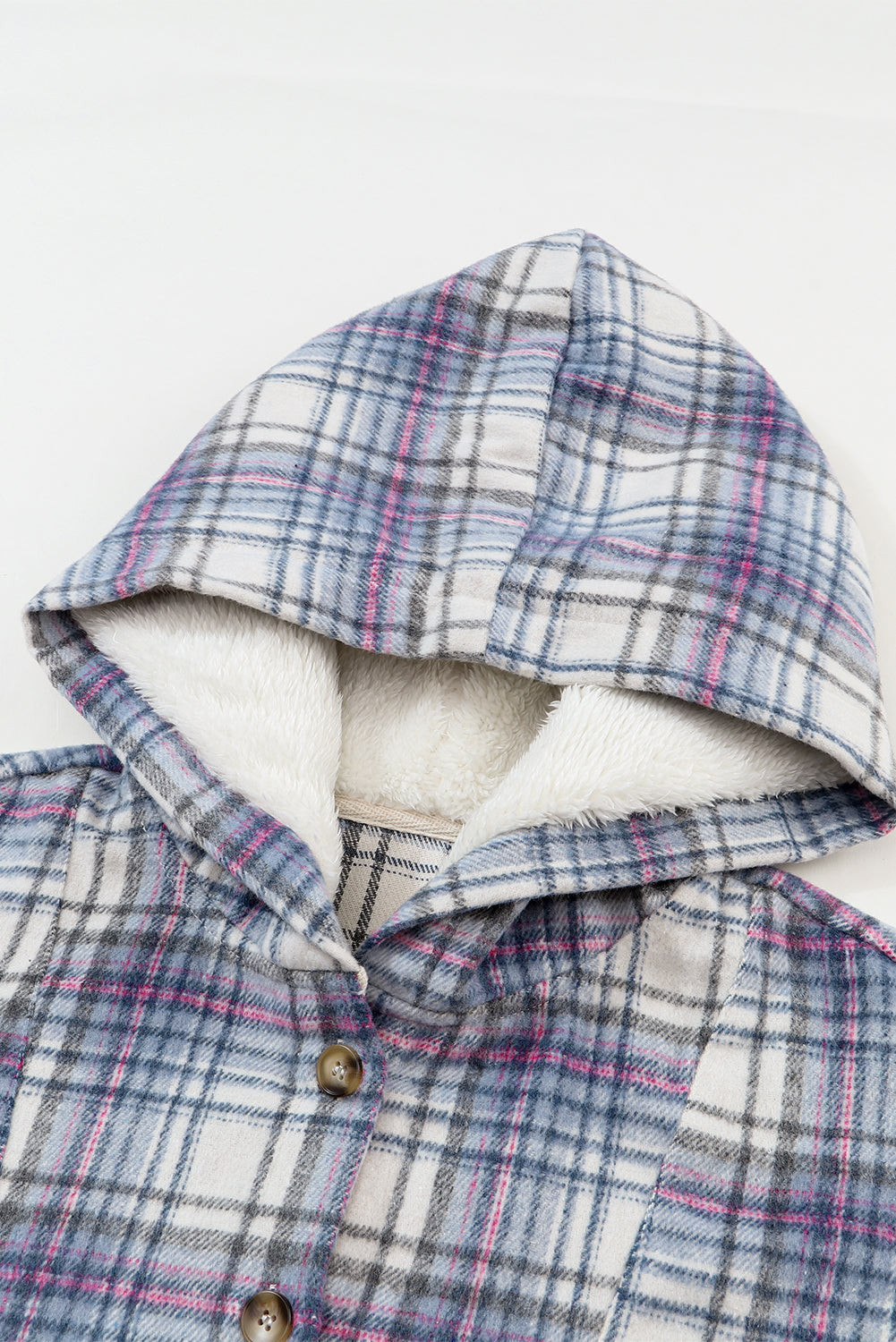 Plaid Button Neck Pocketed Pullover Hoodie | White