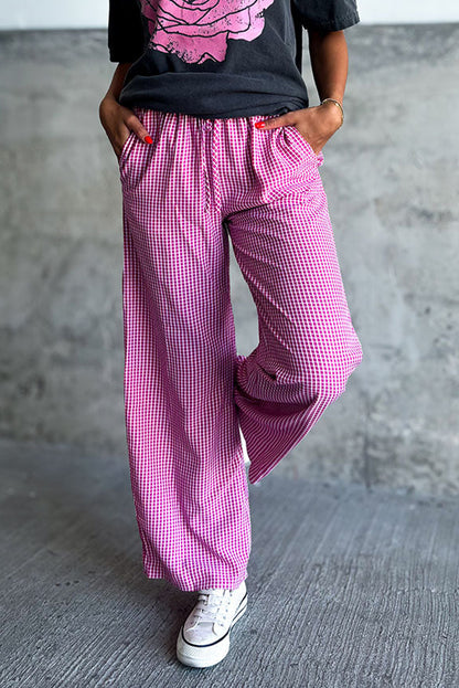 Plaid Print Drawstring High Waist Wide Leg Casual Pants | Pink