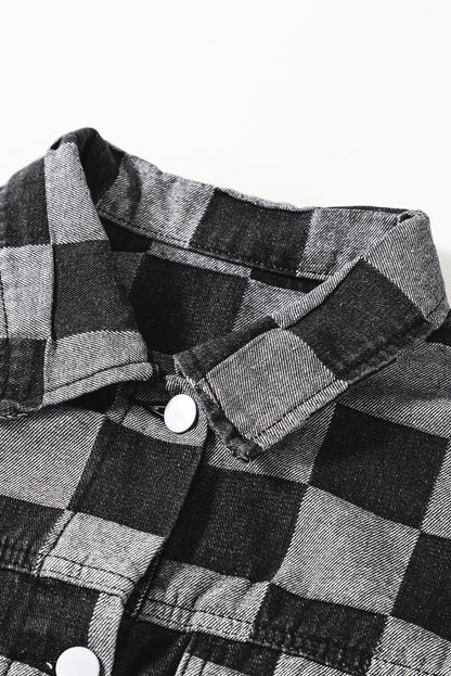 Checkered Patchwork Button Up Denim Jacket | Black