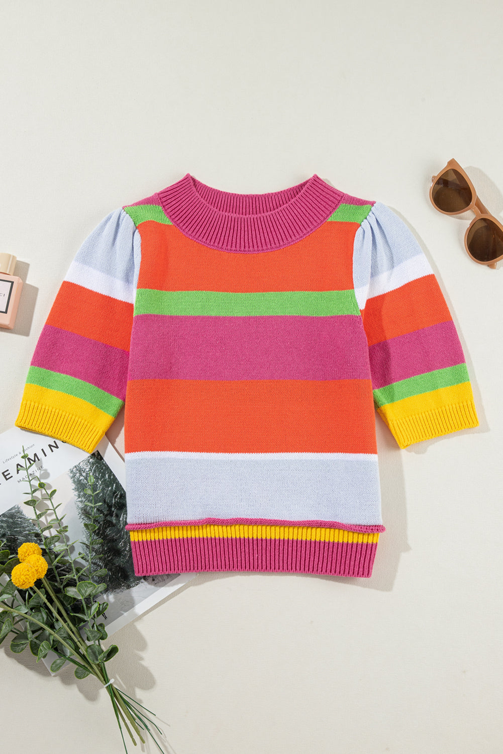 Colour Block Cropped Short Sleeve Sweater | Multicolour