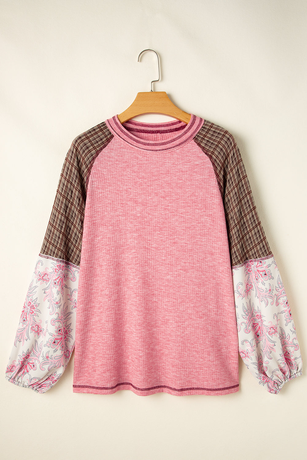 Mixed Print Raglan Sleeve Ribbed Knit Patchwork Blouse | Fushia