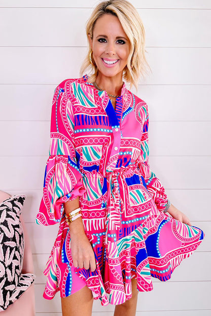 Boho Abstract Printed Puff Sleeve Drawstring Waist Ruffled Mini Dress | Rose