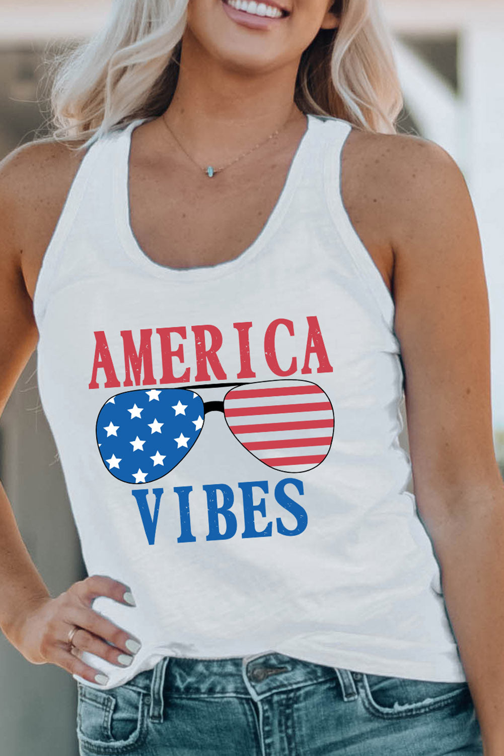 America Vibes Sunglasses Graphic Print Racerback Tank Top | White