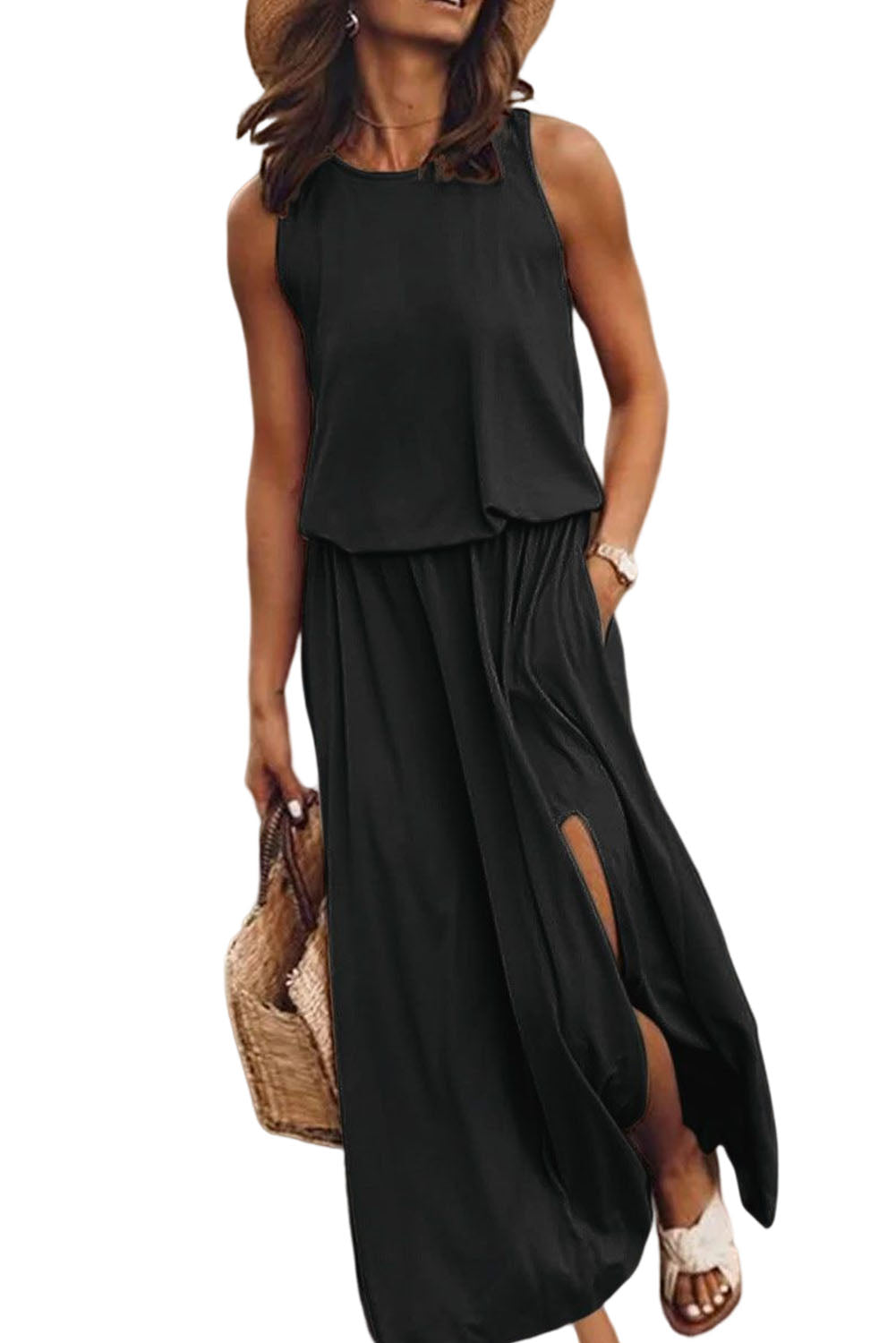 Solid Sleeveless Tunic Maxi Dress With Split | Black