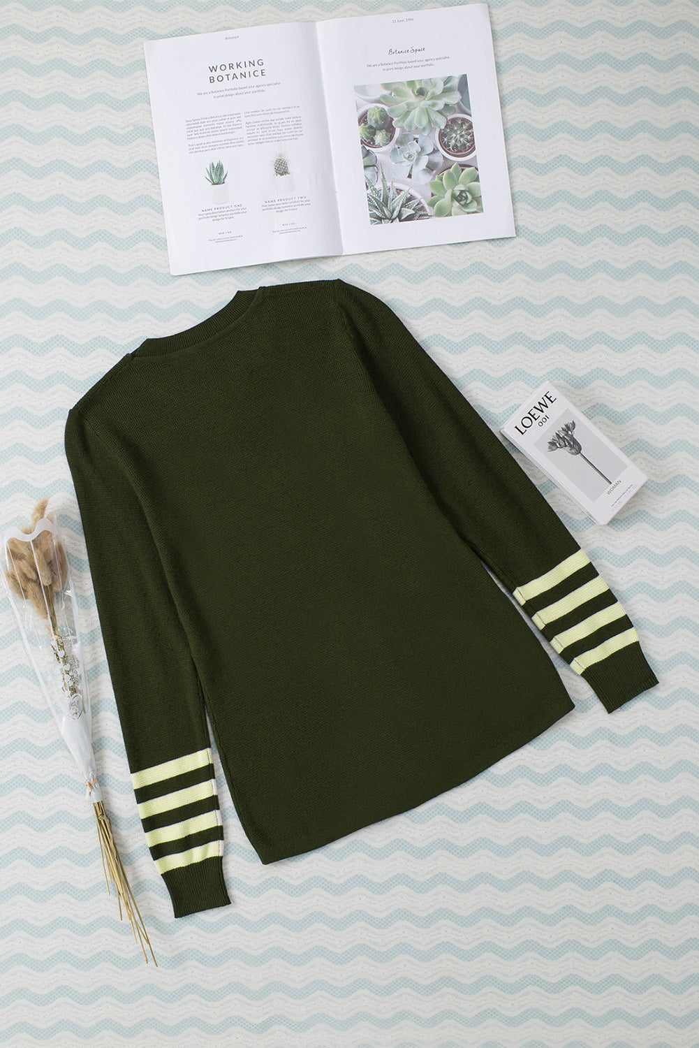 Striped Sleeve Plain Knit Sweater | Green