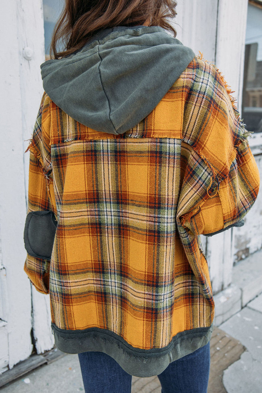 Plaid Patch Hooded Frayed Snap Button Jacket | Orange