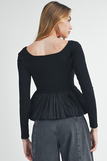 Ribbed Knit Long Sleeve Scoop Neck Peplum Patchwork Top | Black