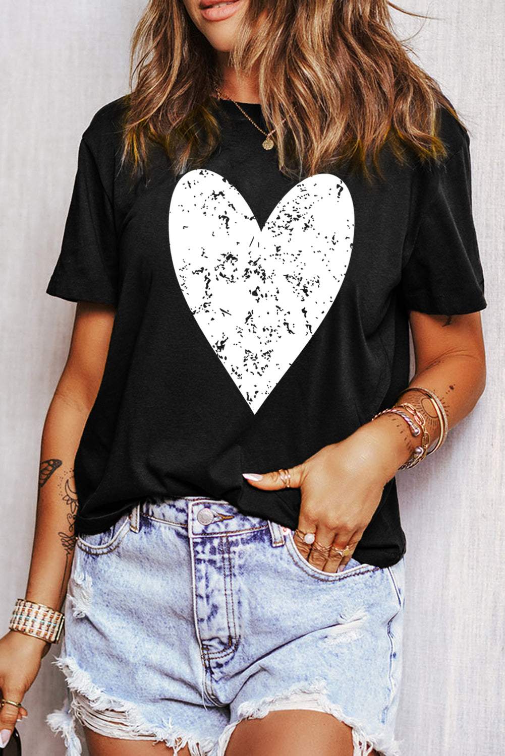 Valentines Heart Printed Round Neck T Shirt | Black