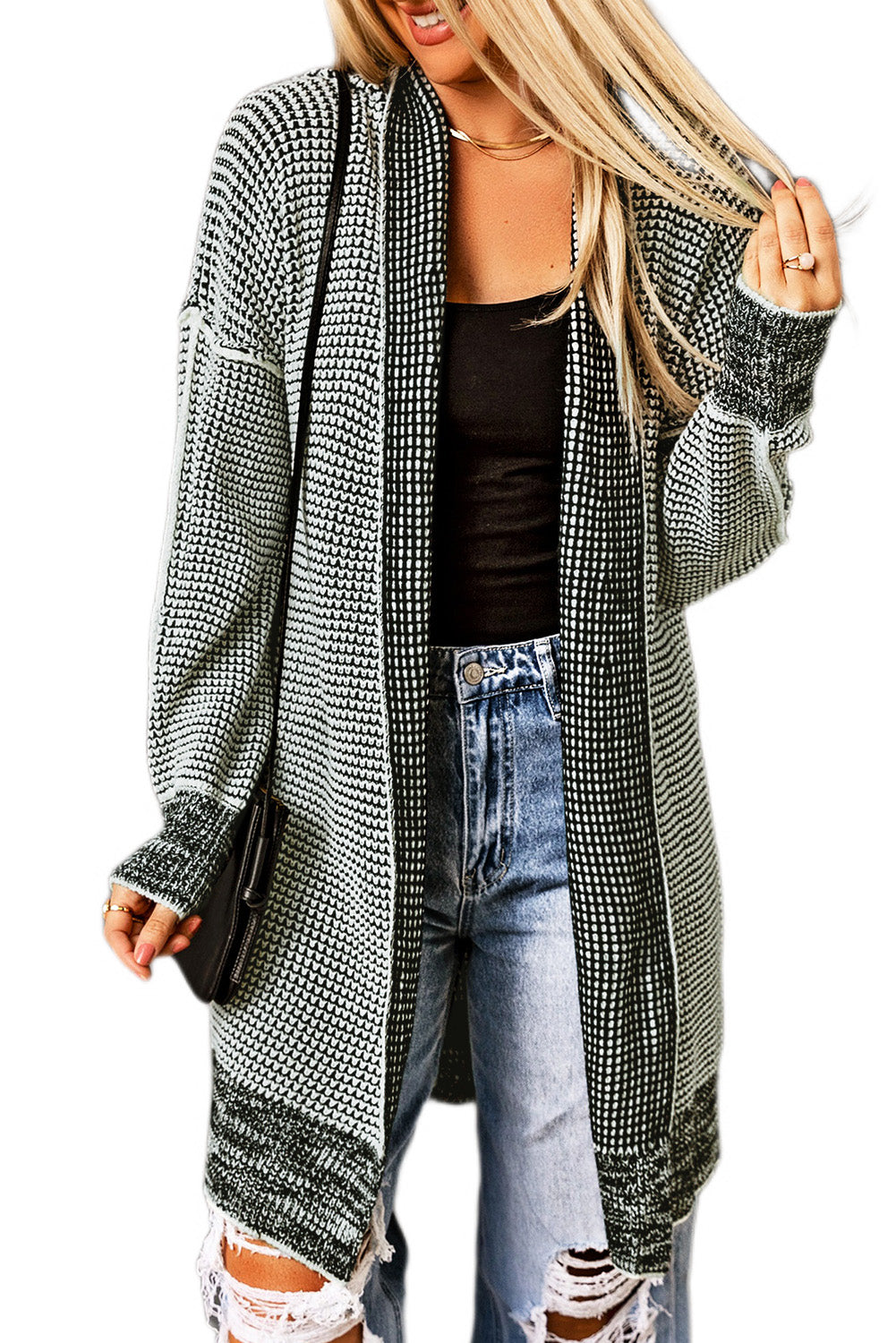 Plaid Knitted Long Open Front Cardigan | Gray