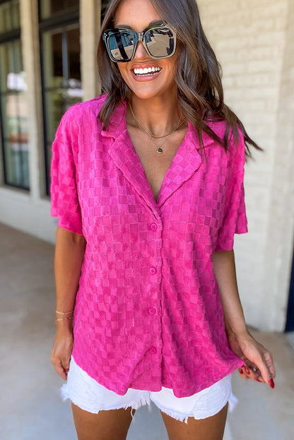 Lapel Neck Checkered Textured Short Sleeve Shirt | Bright Pink