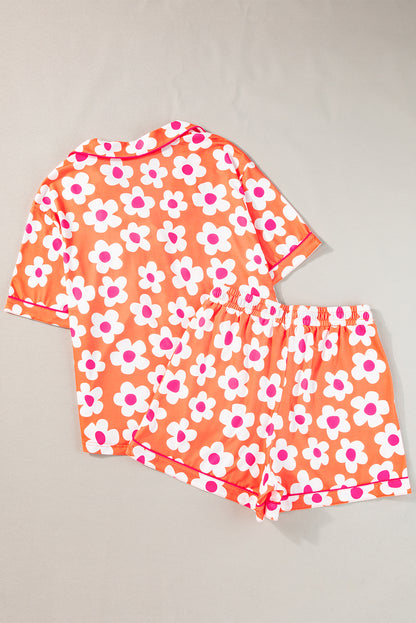 Flower Print Short Sleeve Shirt Pajamas Set | Orange