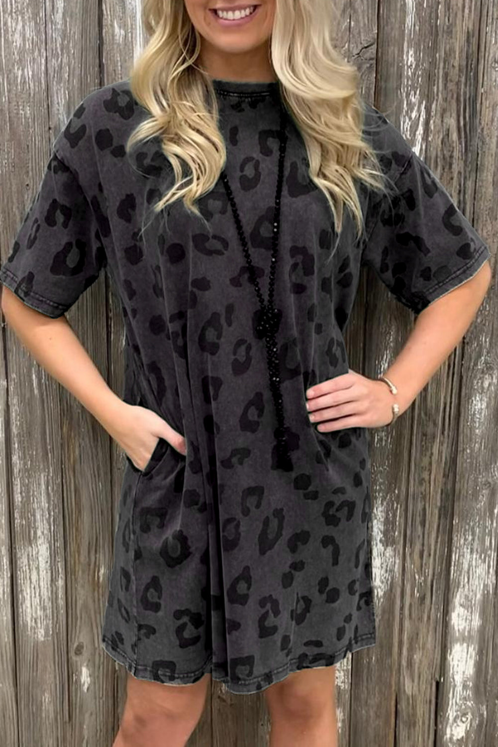 Vintage Washed Leopard T-Shirt Dress With Pockets | Gray