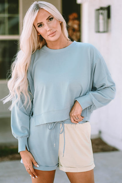 Split Hem Sweatshirt Colour Block Shorts Set | Sky Blue