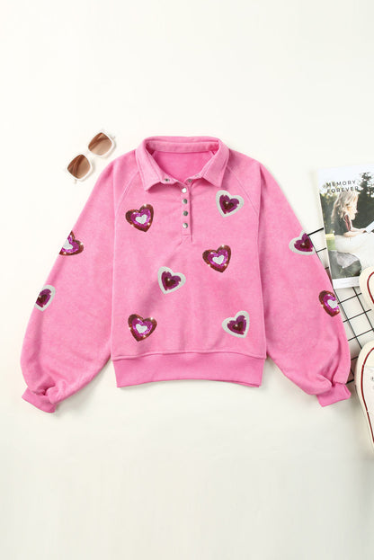 Mineral Wash Sequin Heart Snap Buttons Collared Sweatshirt | Pink