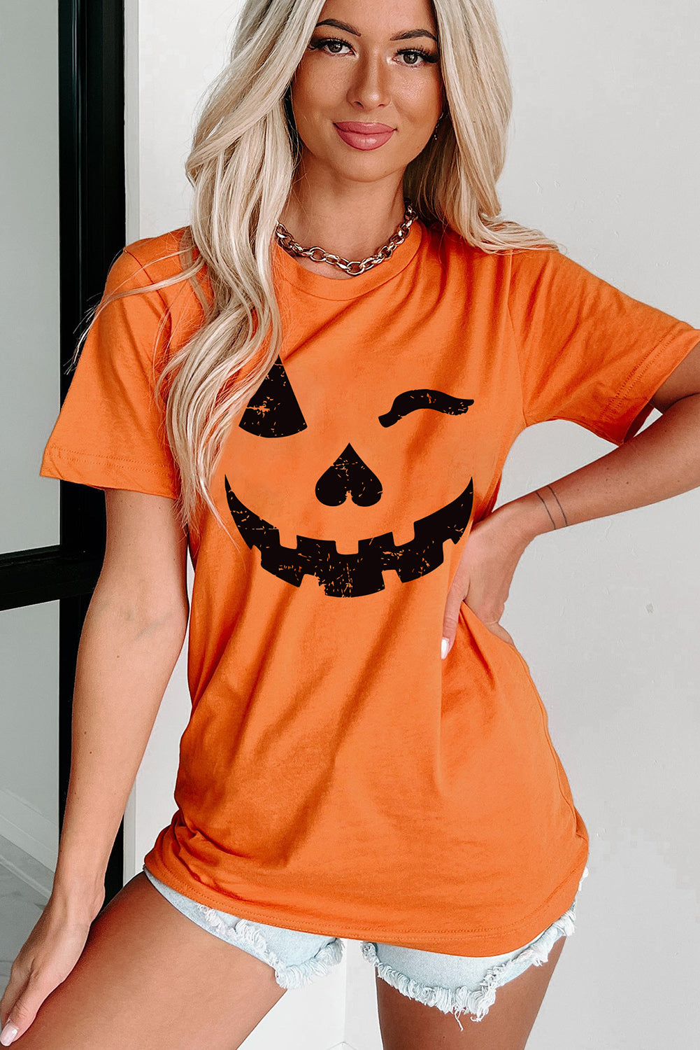 Halloween Pumpkin Face Print Crew Neck T Shirt | Orange