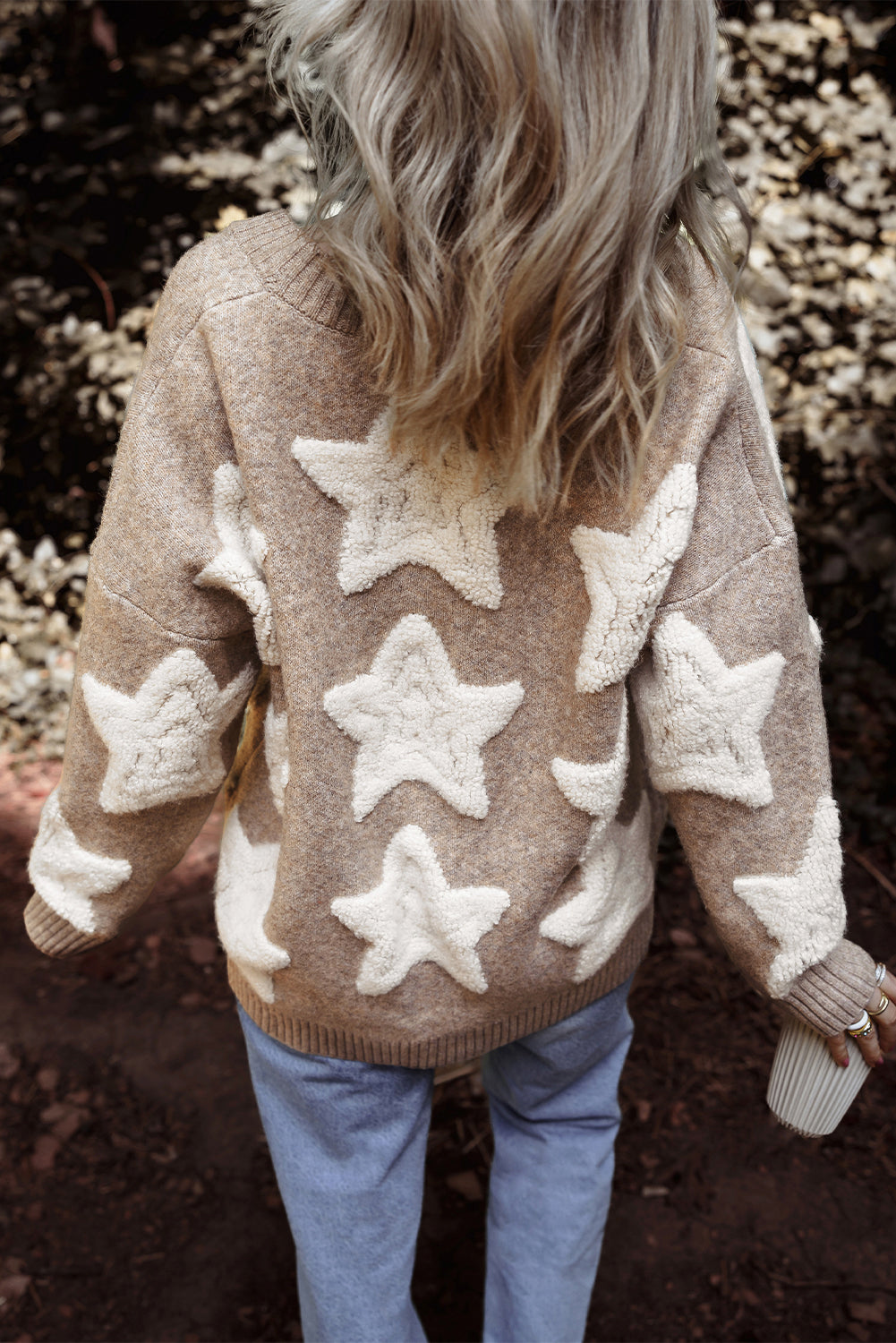 Sherpa Star Pattern Textured Sweater Cardigan With Pockets | Khaki