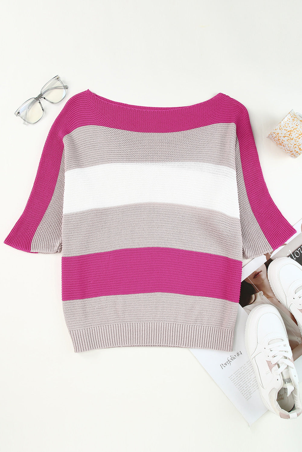 Contrast Stripe Knit Half Sleeve Sweater | Rose