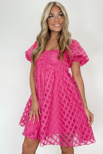 Checkered Puff Sleeve Babydoll Dress | Strawberry Pink