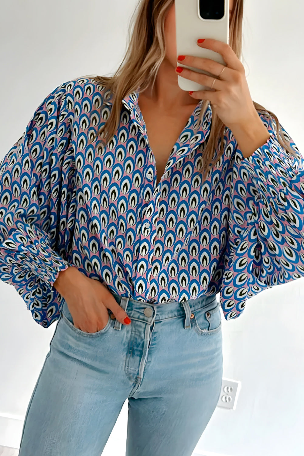 Abstract Print Shirred Cuff Buttoned Oversized Shirt | Sky Blue