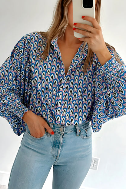 Abstract Print Shirred Cuff Buttoned Oversized Shirt | Sky Blue