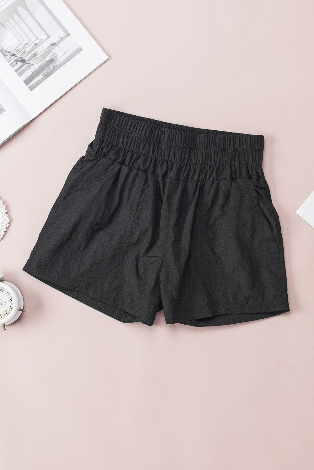 Elastic High Waist Side Pockets Shorts | Black