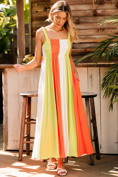 Colour Block Shirred High Waist Fit And Flare Maxi Dress | Green