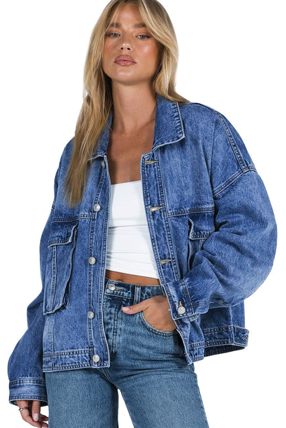 Chest Pockets Drop Shoulder Loose Denim Jacket | Blue