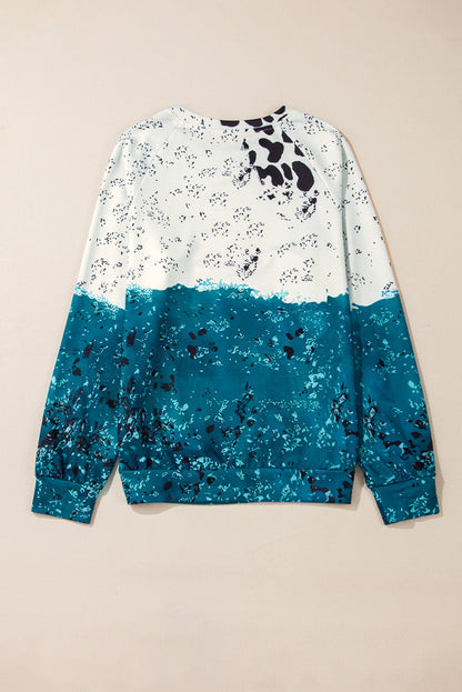 Tie Dye Cow Colour Block Pullover Sweatshirt | Blue