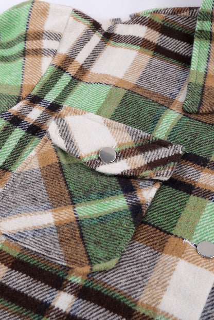 Geometric Plaid Print Pocketed Shacket | Green