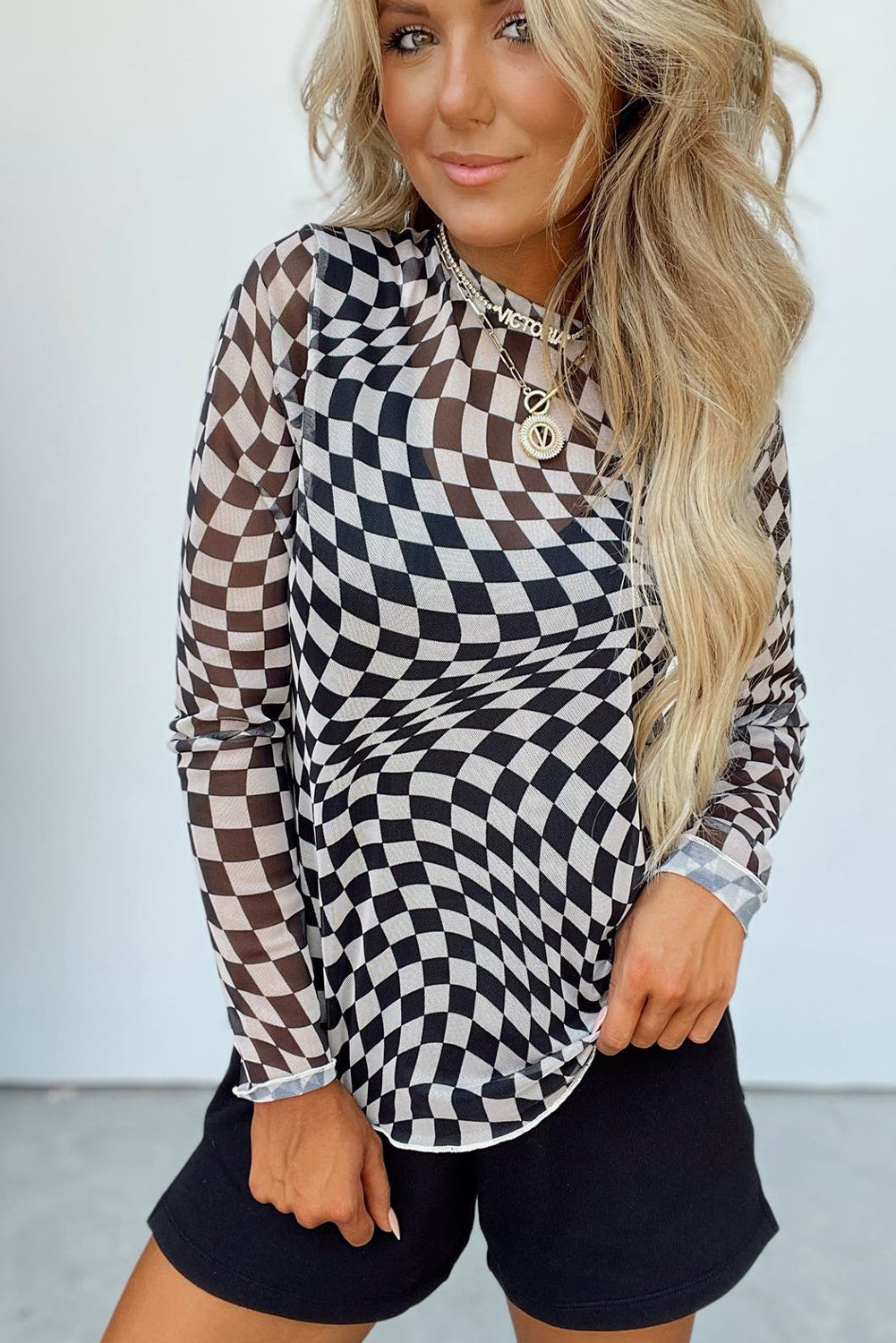 Checkered Pattern Mesh Mock Neck Long Sleeve Top | Black